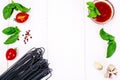 Basil, Red Cherry Tomato with Pasta on White Woody Background Royalty Free Stock Photo