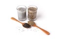 Basil seeds and chia seeds water drink with wooden spoon