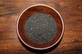 Basil seeds or sabja seeds in wooden bowl