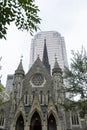 Basilica and business skyscrapers in the center of Montreal, Canada