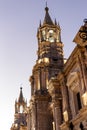 The Basilica Cathedral of Arequipa with flags, Backlight, Peru