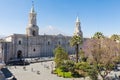 Basilica cathedral of Arequipa and volcan Misti Peru