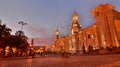 The Basilica Cathedral at dusk. Plaza de Armas. Arequipa. Peru