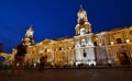 The Basilica Cathedral by night. Plaza de Armas. Arequipa. Peru