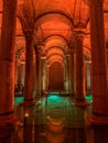 Basilica Cistern Ancient Columns and Modern Sculptures in Istanbul, Turkey.