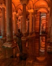 Basilica Cistern Ancient Columns and Modern Sculptures in Istanbul, Turkey.