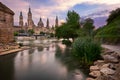 Basilica de Nuestra Senora del Pilar and Ebor River in the Evening, Zaragoza, Aragon, Spain Royalty Free Stock Photo