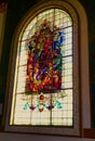 Basilica de Nuestra SeÃÂ±ora de los Angeles, Church`s colorful stained glass window, Virgin and Jesus church vitrals