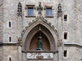 Basilica de Santa Maria del Mar, detail of the secondary entrance, with Saint Mary surrounded by a pointed arch. La Ribera, Royalty Free Stock Photo