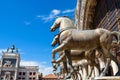 Basilica di San Marco Saint Mark detail, ancient bronze horses, Venice, Italy. Old sculpture is monument of Roman Byzantine