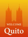 Basilica of the National Vow, Silhouette of Cathedral Towers in Quito, Ecuador - welcome invite banner orange color.
