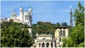 Basilica Notre Dame of Fourviere, Metallic Tower and Cathedral Saint Jean Baptiste in Lyon, France. Royalty Free Stock Photo