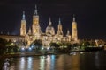 Basilica of Our Lady of the Pillar and Ebor River in the Evening, Zaragoza, Aragon, Spain, Europe Royalty Free Stock Photo