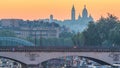 Basilica Sacre Coeur and the Seine river night to day transition before sunrise, Paris, France. Royalty Free Stock Photo