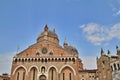 basilica of saint anthony in padua, basilica building, dome-shaped roof, rosette over the entrance to the church, blue sky