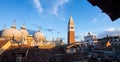 Basilica of Saint Mark and Bell Tower of St Mark`s Campanile Campanile di San Marco in Venice, Italy. Sunrise Royalty Free Stock Photo