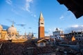 Basilica of Saint Mark and Bell Tower of St Mark`s Campanile Campanile di San Marco in Venice, Italy. Sunrise Royalty Free Stock Photo