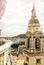 Basilica of Saint Stephen, dome of one of the small towers over cityscape of Budapest, Hungary, view from sightseeing platform