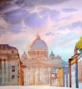 Basilica Sant Pietro, painted by watercolor