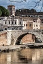 Basilica St. Bartholomew, Pons Cestius, Tiber Island and river. Rome, Italy