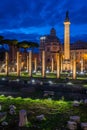 The Basilica Ulpia and the Trajan`s Column at night in Rome, Italy. Royalty Free Stock Photo