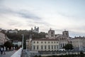 Basilique Notre Dame de Fourviere Basilica church & Cathedrale Saint Jean Baptiste in Lyon, France, around by historic buildings Royalty Free Stock Photo