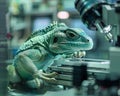 A basilisk camelion in a nanorobotics lab where its gaze influences the microscopic machines intertwining myth with nano