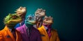 Basilisk in a group, vibrant bright fashionable outfits isolated on solid background advertisement