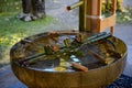 The basin is made of stone and dippers are made of bamboo