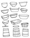 The Basin vector set. a set of insulated plastic basins and bowls and wooden barrels, courts and tubs , painted in doodle style,