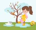 Girl walking in the Rain, with mouse and toy duck vector illustration