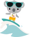 Koala Surfing on his surfboard riding the wave on the beach