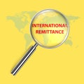 international remittance under magnifier glass on yellow Royalty Free Stock Photo