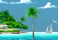 Illustration Of Sailboat and Tropical Island with Crystal-Clear Blue Waters and Lush Greenery Royalty Free Stock Photo