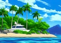 Illustration of Serene Yacht and Palm-Fringed Island Oasis with Crystal-Clear Blue Waters and Lush Green Palm Trees