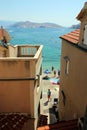 Baska, island Krk, architectural details of first line by the sea shore, Croatia