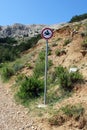 Baska, island Krk, phenomenal Zarok - sandy & rocks area, sign `forbiden for motocycling`, Adriatic coast, Croatia