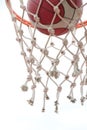 Baskeball going through basket ring ant net. a successful clear point in low angle view Royalty Free Stock Photo