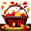 Basket with apples and autumn leaves on a wooden table, vector illustration AI generated Royalty Free Stock Photo