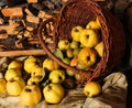 Basket with apples, quince and pear.