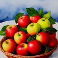 A basket of apples on the table. Watercolor drawing. Still life with fruit. Royalty Free Stock Photo