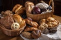 basket of artisan breads, including bagels, rolls, and buns Royalty Free Stock Photo