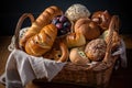 basket of artisan breads, including bagels, rolls, and buns Royalty Free Stock Photo