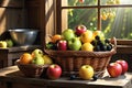 Basket of Assorted Organic Fruits Placed on a Rustic Wooden Table - Sunlight Filtering Through a Nearby Window Royalty Free Stock Photo