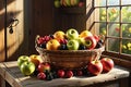 Basket of Assorted Organic Fruits Placed on a Rustic Wooden Table - Sunlight Filtering Through a Nearby Window