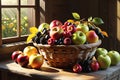 Basket of Assorted Organic Fruits Placed on a Rustic Wooden Table - Sunlight Filtering Through a Nearby Window Royalty Free Stock Photo