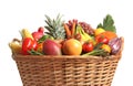 Basket with assortment of fresh organic fruits and vegetables on white background, closeup Royalty Free Stock Photo