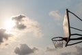 Basket ball board under sky with white clouds. Basketball court with old backboard. sky and white clouds on background. Royalty Free Stock Photo