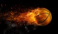 Basket ball in flame goes fast to the basket