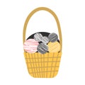 Basket with balls of wool. Vector flat illustration. Handmade basket with balls of yarn, elements and accessories for Royalty Free Stock Photo